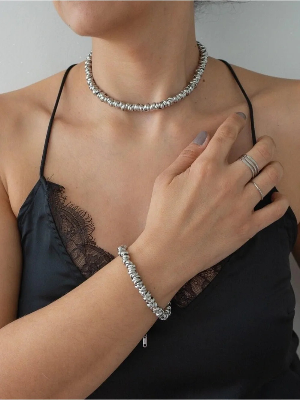 Silver Chunky Knotted Ring Chain Bracelet